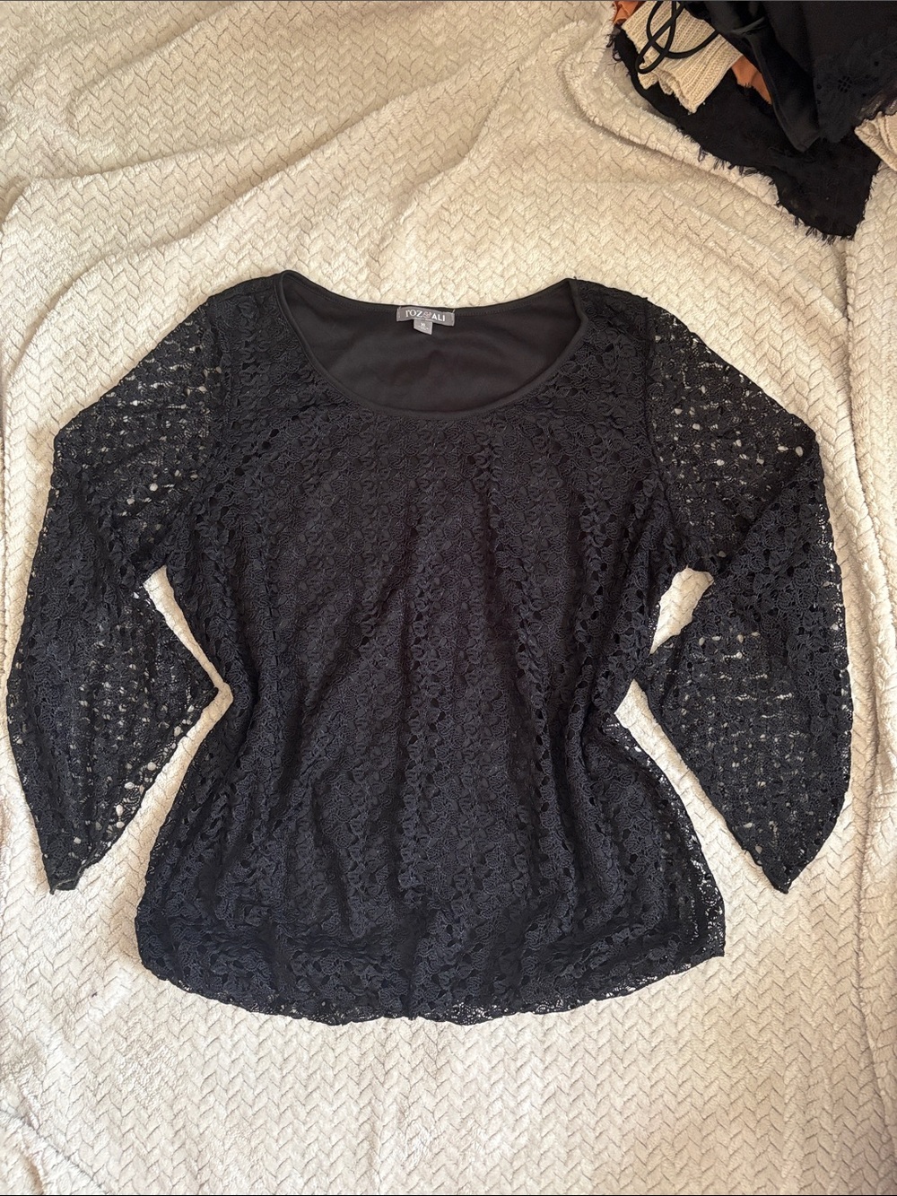 Roz & Ali Black Lace Scoop Neck Blouse